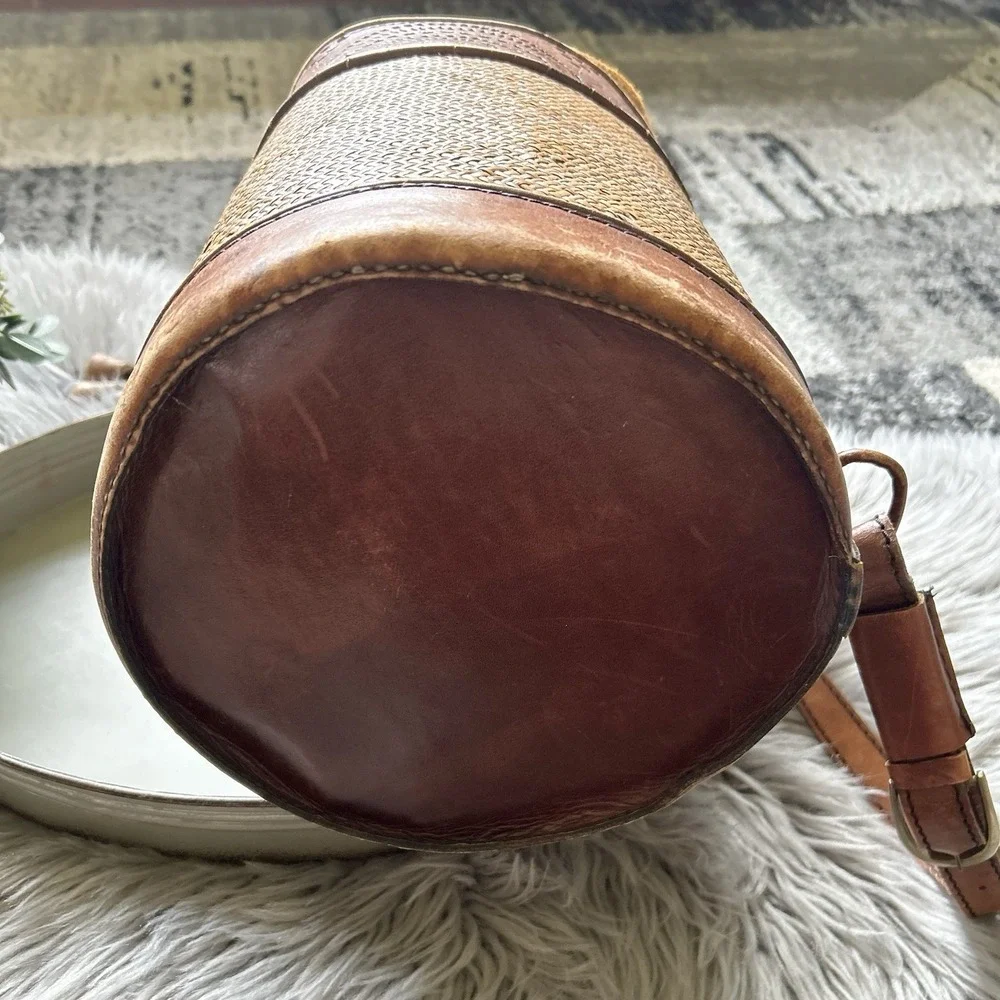 Vintage French Leather Trimmed Wicker‎ Bucket Bag Backpack